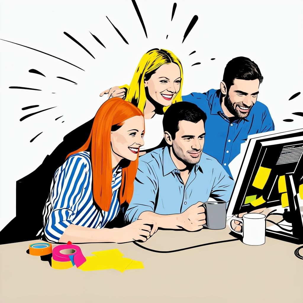 Four People Collaborating In A Vibrant Office Setting Four People Collaborating In A Vibrant Office Setting